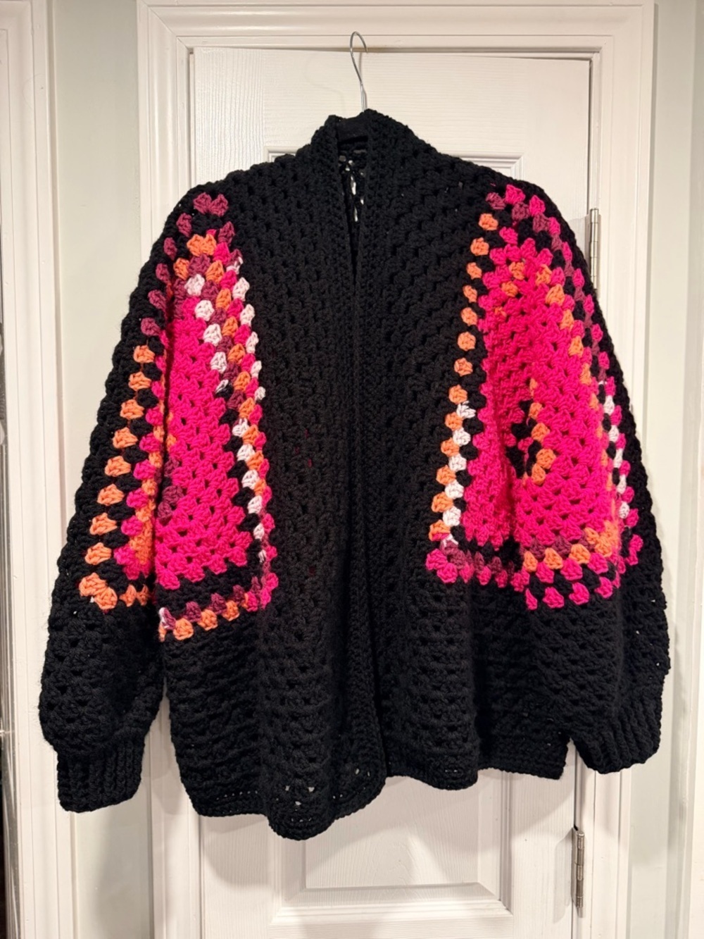 Handmade Crochet Granny Square One Size Cozy Cardigan Boho Chunky Knit Sweater